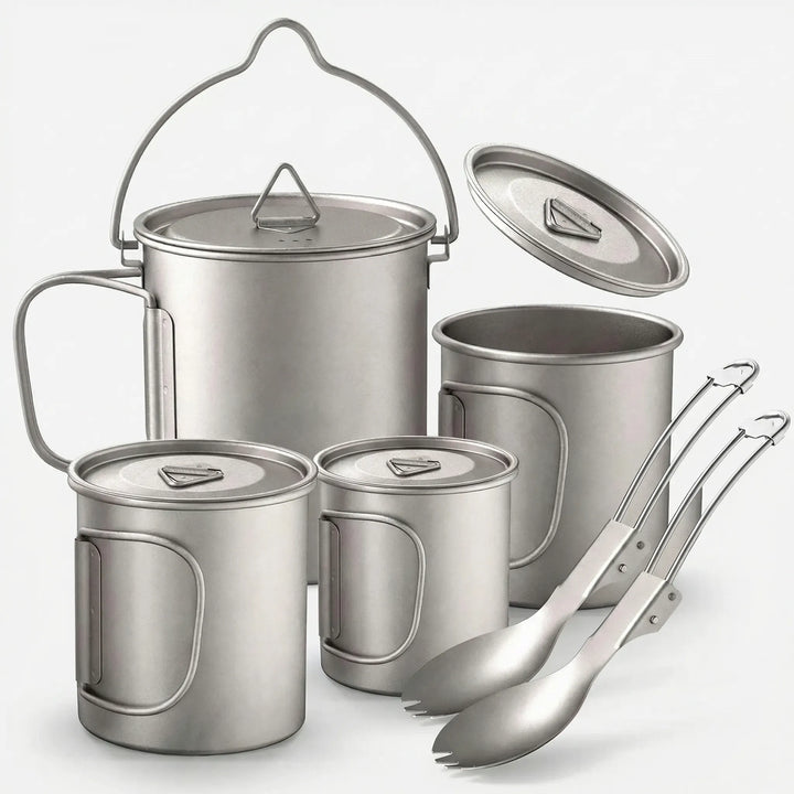 Lightweight titanium camping cookware set for backpacking. Durable pot, mug & spork for outdoor adventures.