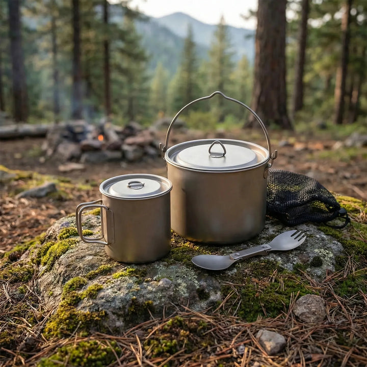 Titanium pot and camping mug set, perfect for lightweight outdoor cooking on your backpacking trips.