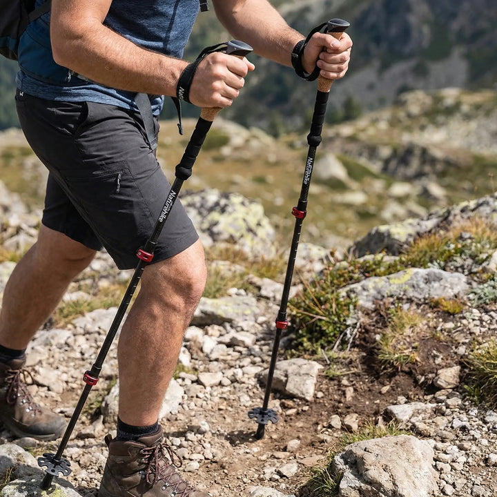 Lightweight unisex collapsible hiking poles set, ideal for trail walking & backpacking adventures.