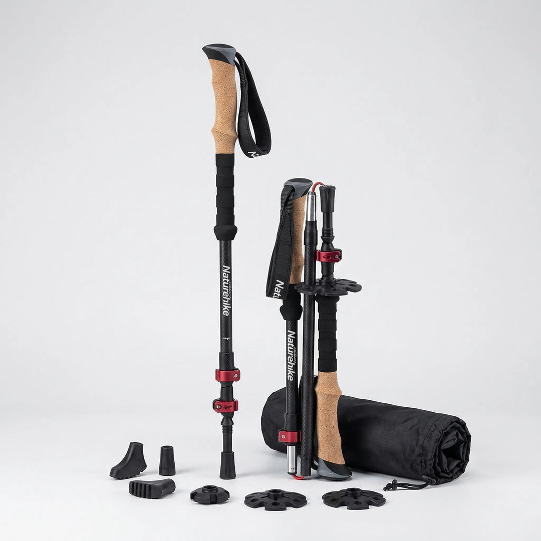 Unisex carbon fiber trekking poles collapsed, ready for compact storage & easy transport on your backpack.