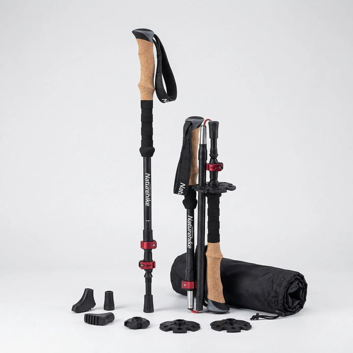 Unisex carbon fiber trekking poles collapsed, ready for compact storage & easy transport on your backpack.