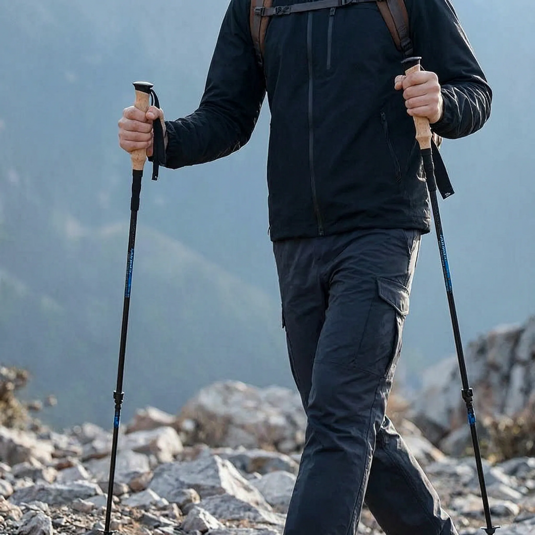 A pair of durable, collapsible hiking poles extended, supporting a hiker on an outdoor trail.