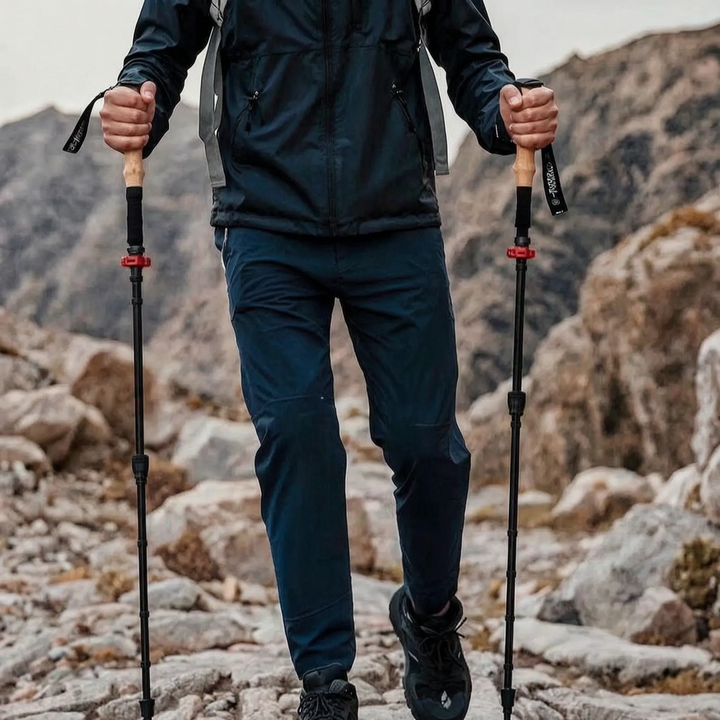 Detail of the locking mechanism on a unisex collapsible trekking pole, ensuring secure adjustment.