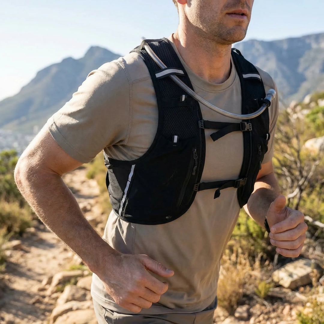 Lightweight unisex running hydration vest pack for trail running, hiking, and fitness, with multiple pockets.