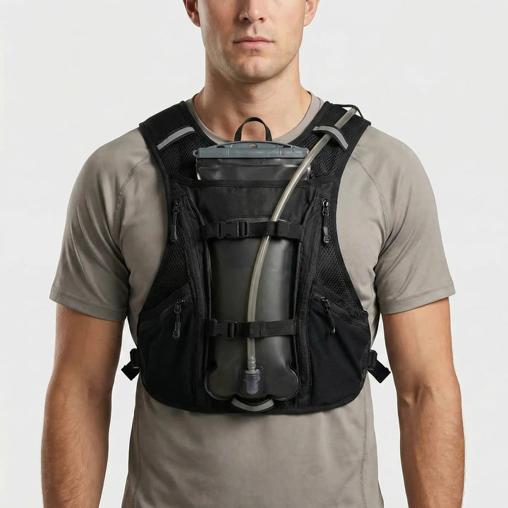 Comfortable unisex hydration vest for running, cycling & outdoor activities, designed for ample water storage.
