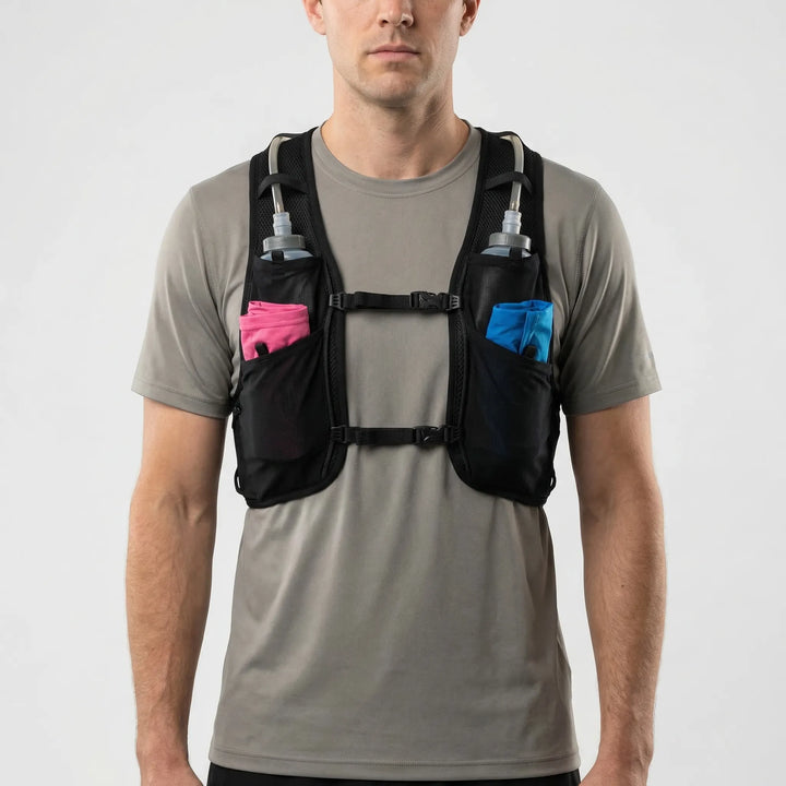 Bounce-free unisex hydration vest for runners, lightweight design with storage pockets for marathon gear.