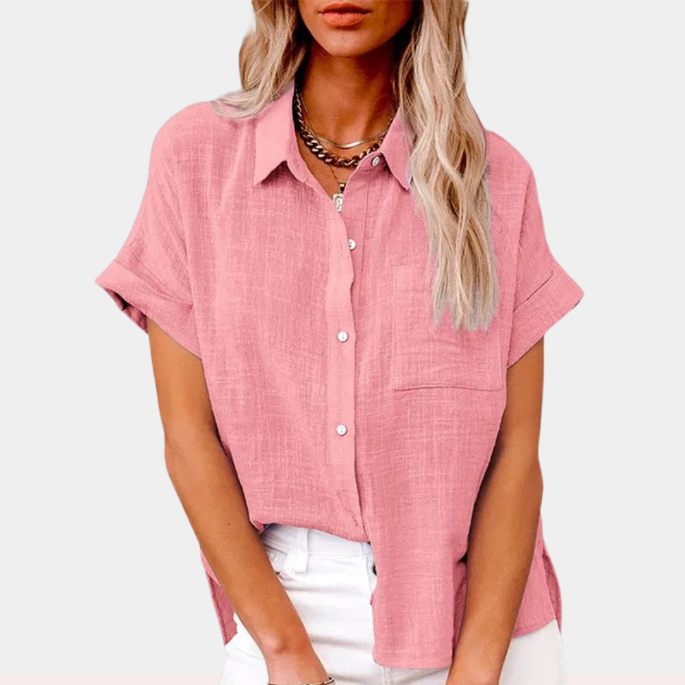 Lightweight women's short sleeve shirt with front pocket, perfect for casual summer wear.
