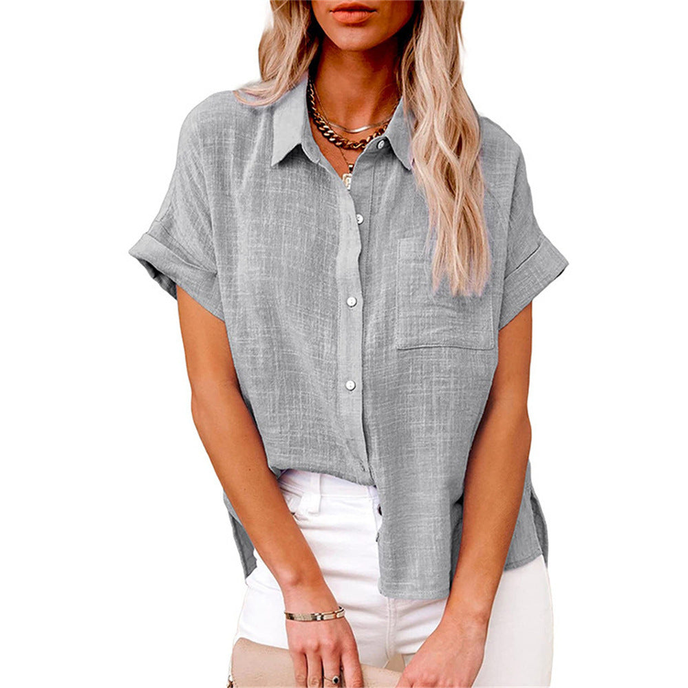 Women's short sleeve button-front shirt, lightweight, with a front pocket, perfect for casual or office.