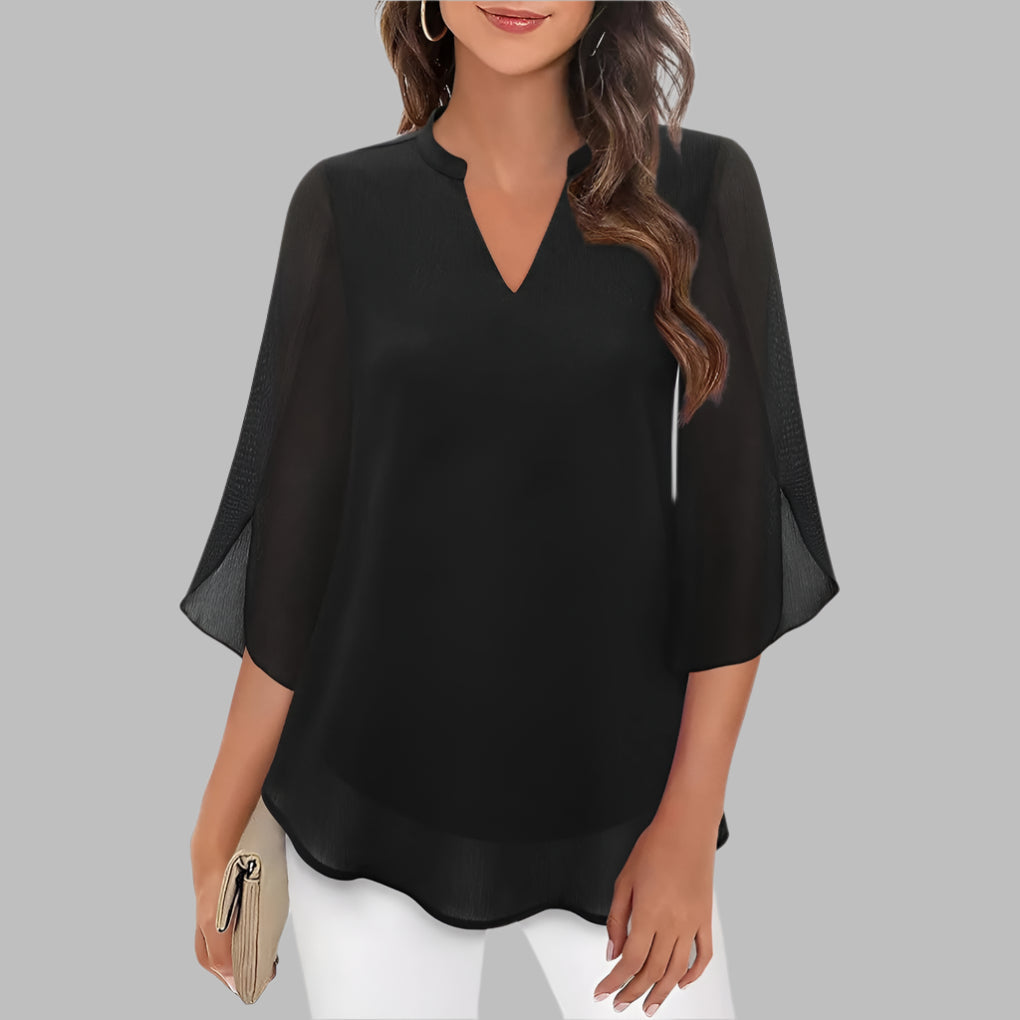 Lightweight women's V-neck summer top with elegant petal sleeves, perfect for casual or stylish warm weather wear.