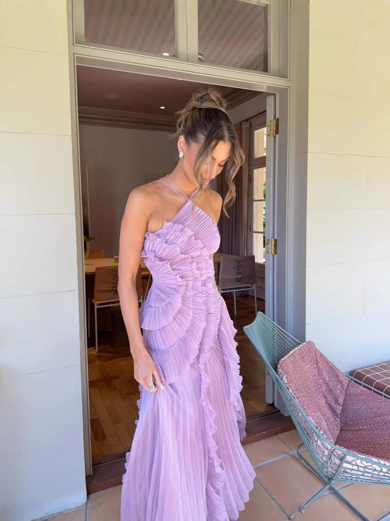 Women's elegant lilac sleeveless dress with flowy ruffles, versatile for parties & casual chic. (107 chars)