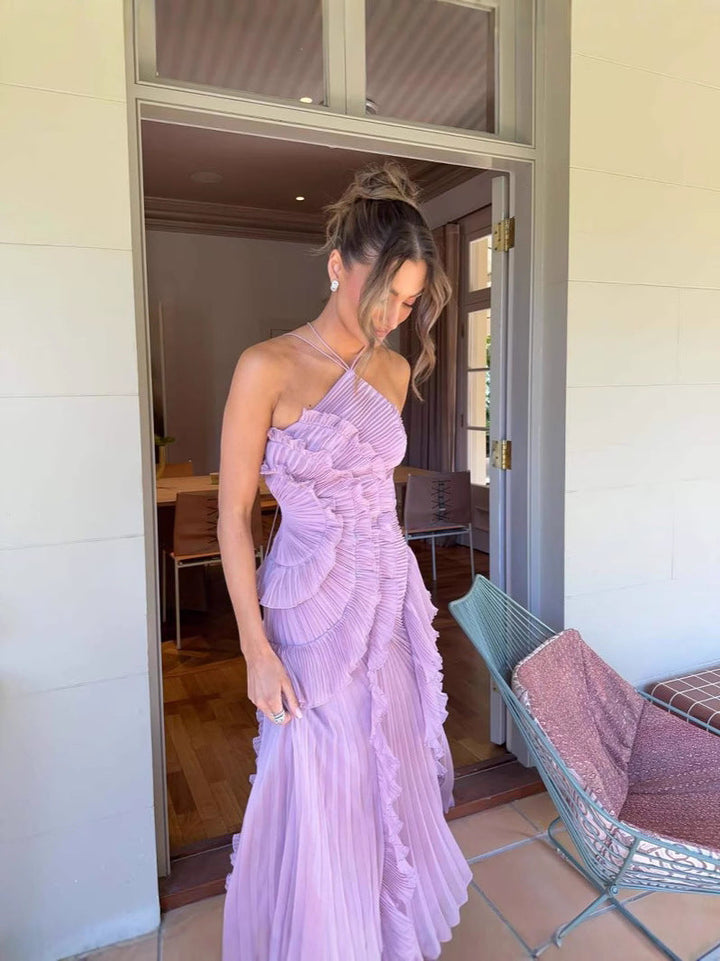 Women's elegant lilac sleeveless dress with flowy ruffles, versatile for parties & casual chic. (107 chars)