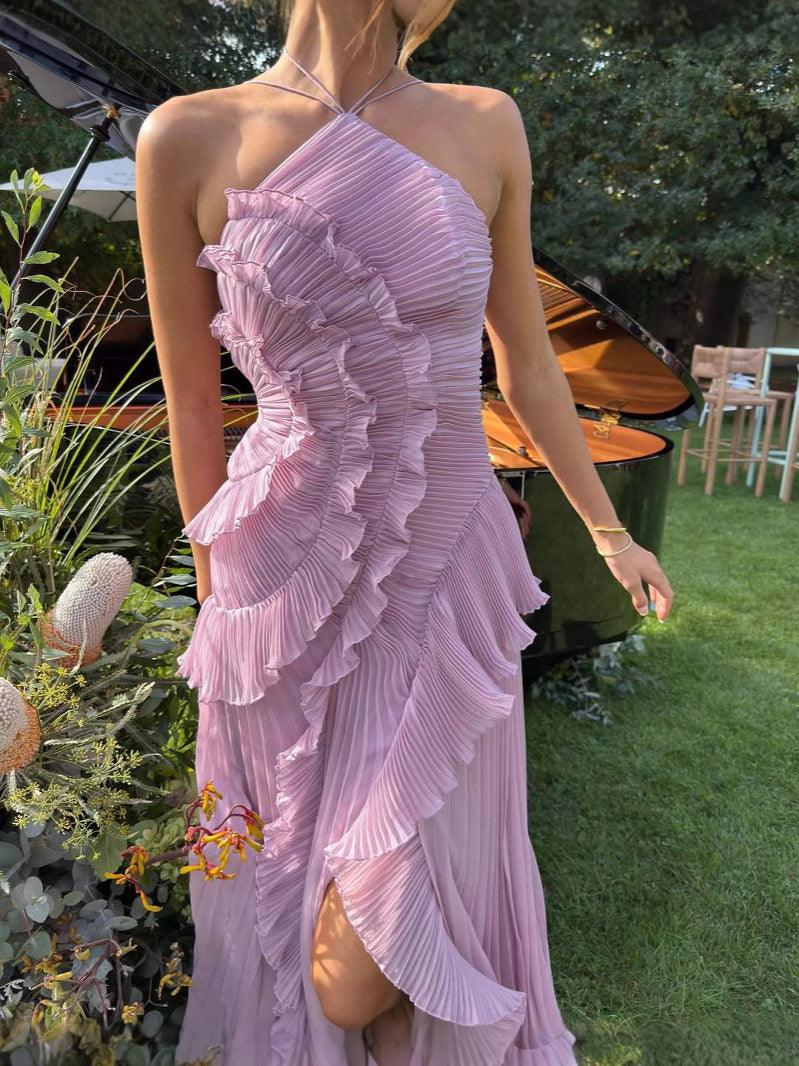 Elegant women's lilac dress with flowy ruffles, sleeveless for a chic, versatile summer look. (103 chars)