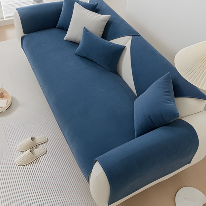 Linen blend sectional sofa slipcover in light grey with non-slip backing for pet protection