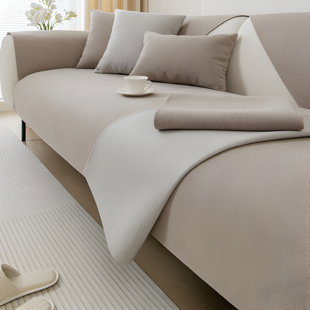 Detail of the non-slip backing on a linen blend sectional sofa cover, ensuring furniture protection