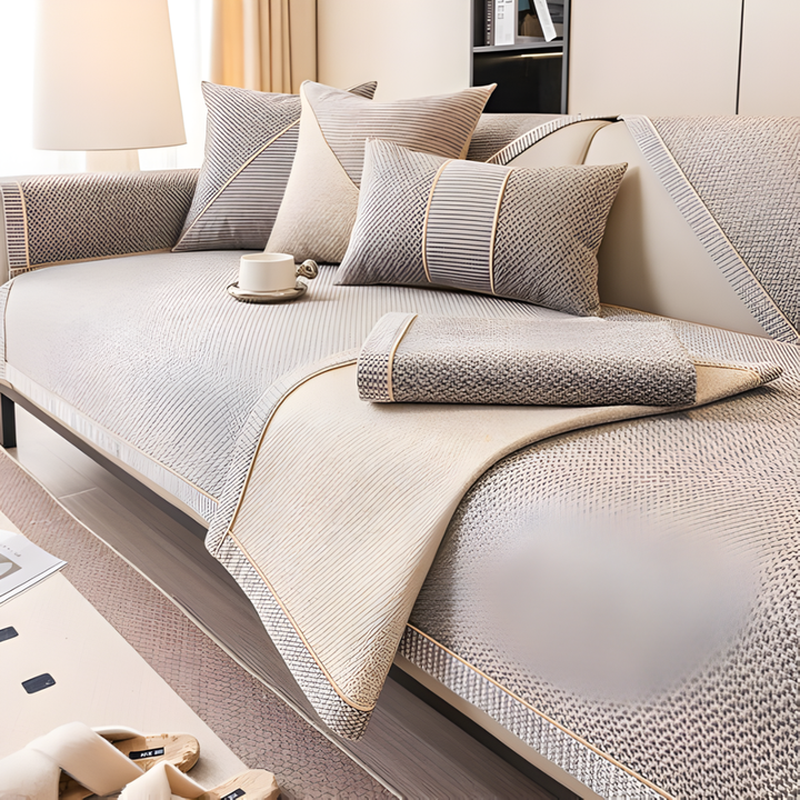 Linen sectional sofa cover in modern gray, anti-slip furniture protector for pet-friendly homes