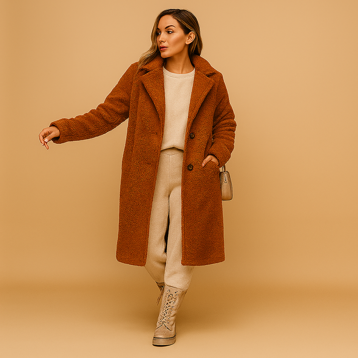 Stylish women's long teddy coat in a warm beige/apricot shade. Cozy winter jacket for comfortable wear.