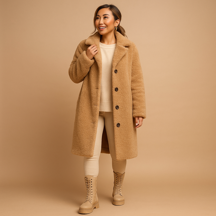 Long beige women's teddy coat, offering ultimate winter warmth & comfort. Stylish cold weather outerwear.