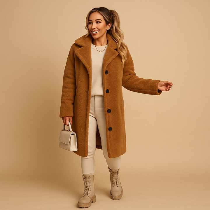 Cozy women's beige teddy coat, a long faux fur winter jacket. Stylish and warm for cold weather.