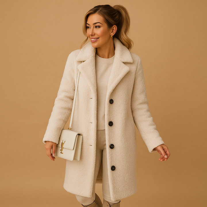Women's long beige teddy coat, stylish & cozy for winter warmth. Comfortable, chic outerwear.
