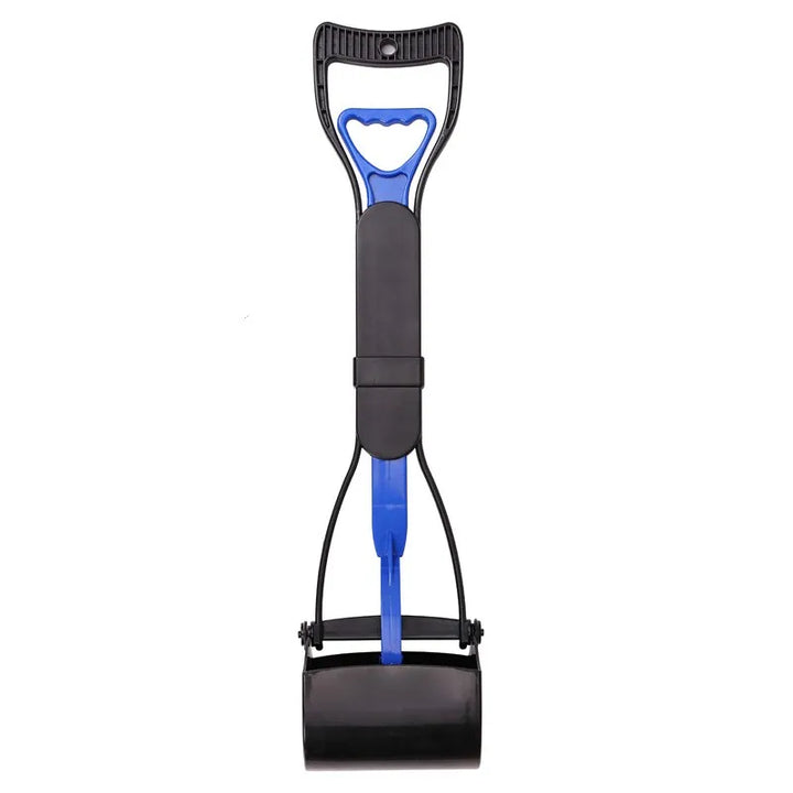 Hands-free dog poop removal tool with a comfortable long grip handle.
