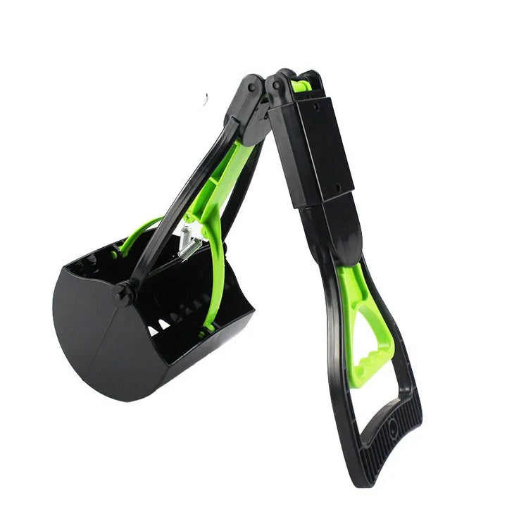Lightweight dog waste management tool with a long handle and bag clip.