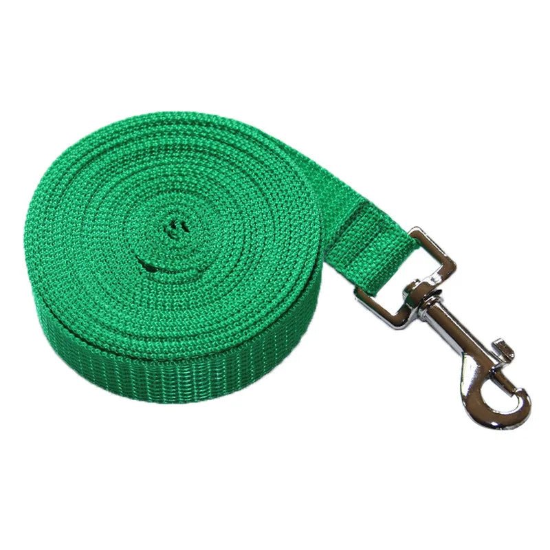Bright green long nylon dog training leash, perfect for outdoor canine exercises