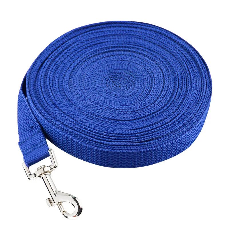 Close-up of secure clip on a long orange nylon dog training leash, pet supply