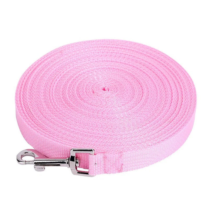 Bundled colorful nylon long dog training leashes in various colors, pet accessories
