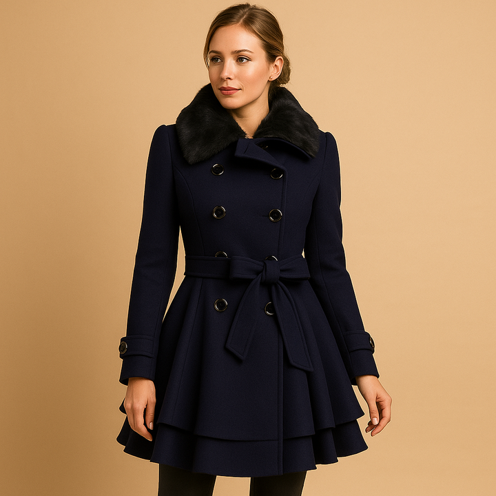 Warm women's long winter coat featuring an elegant faux fur collar, essential for cold weather.