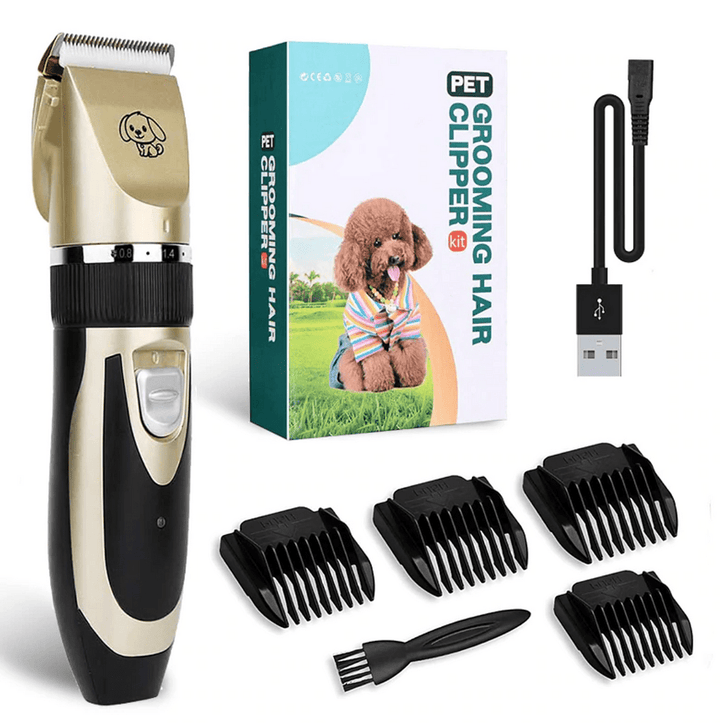Quiet pet clippers with four comb attachments, ideal for sensitive dogs' grooming needs.