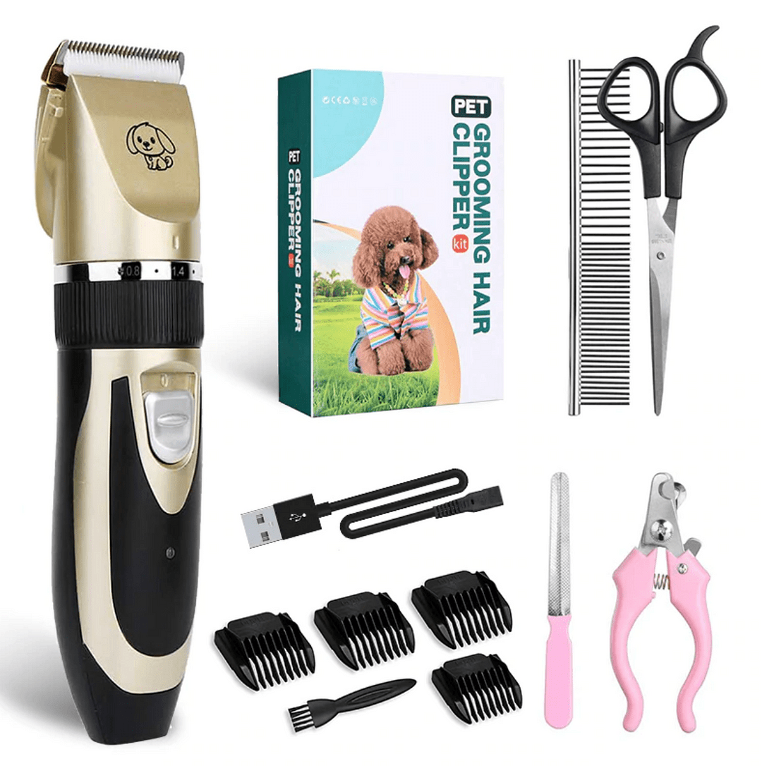Dog grooming kit featuring a low-noise clipper and multiple attachment combs for pet hair.
