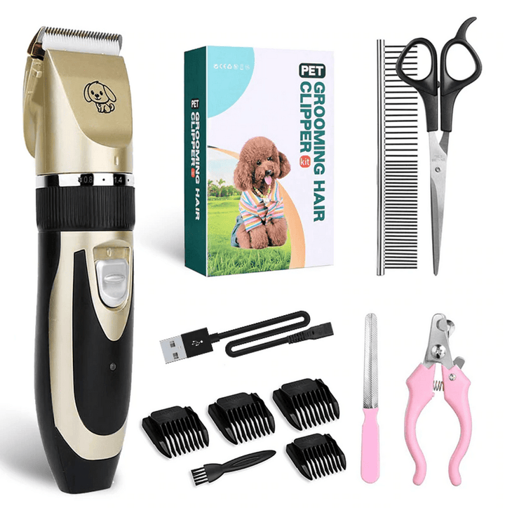 Dog grooming kit featuring a low-noise clipper and multiple attachment combs for pet hair.