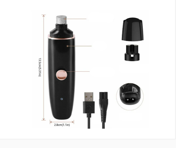 Close-up of a quiet electric pet nail grinder in action, safely trimming dog's nails to prevent scratches