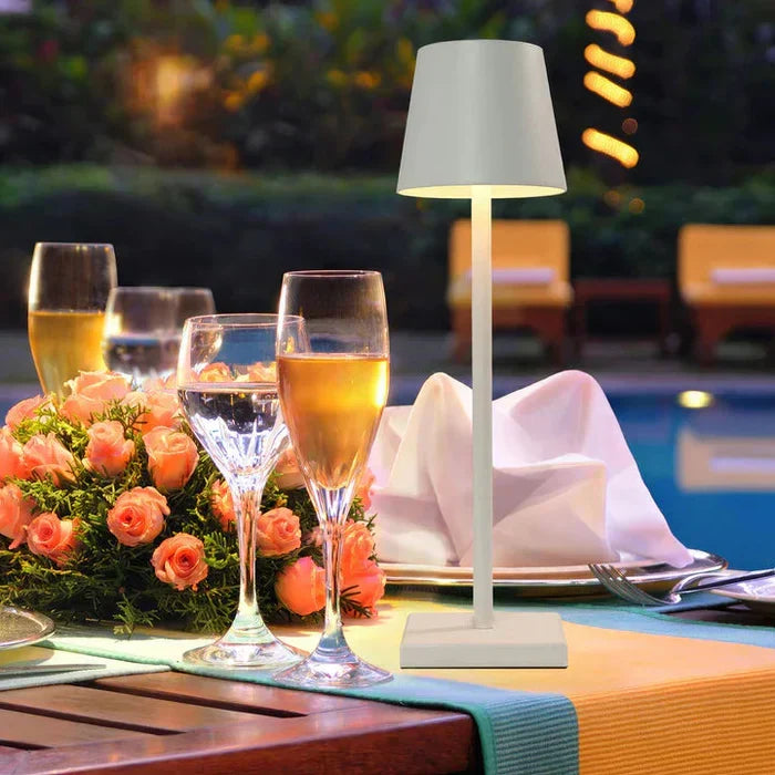 LumiAura portable dimmable LED lamp. Rechargeable table light for modern indoor & outdoor ambiance.