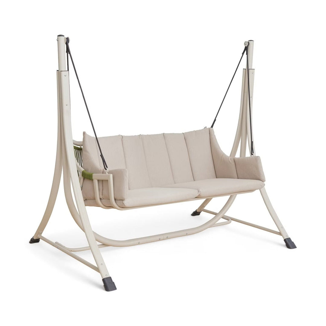 Comfortable beige garden swing for two, ideal for relaxing on the patio or in your backyard space.