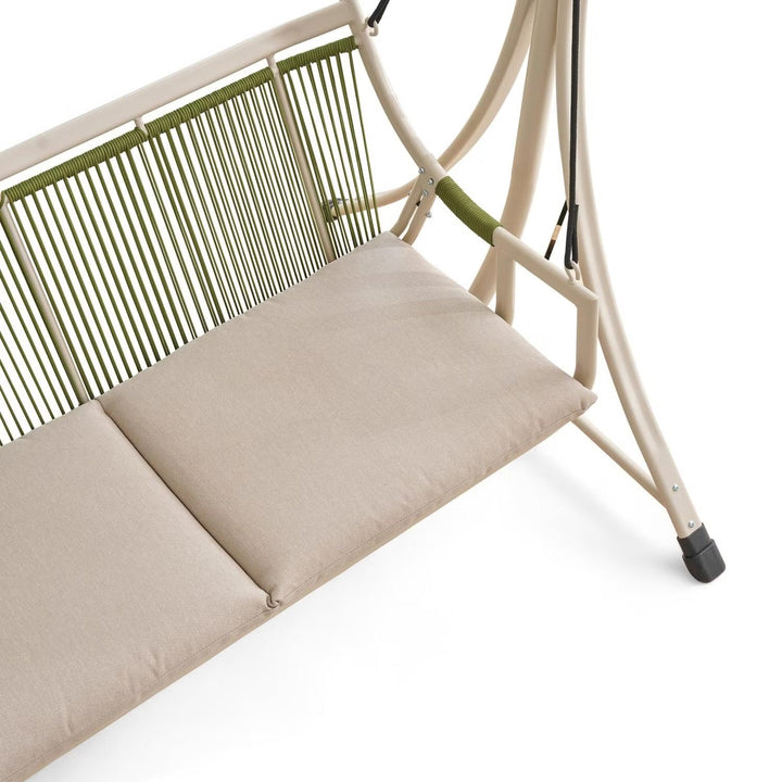 Full view of a stylish beige 2-seater outdoor swing bench, a perfect addition to any patio or garden.