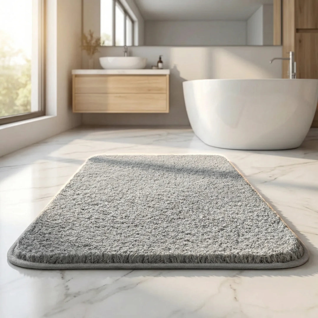 Elegant Flowique wave design bath mat, made from plush, absorbent material for luxurious bathroom comfort.