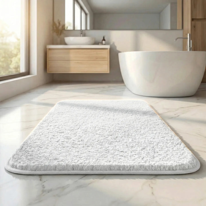 Non-slip, extra thick bath mat with modern wave pattern, enhancing bathroom decor and comfort.