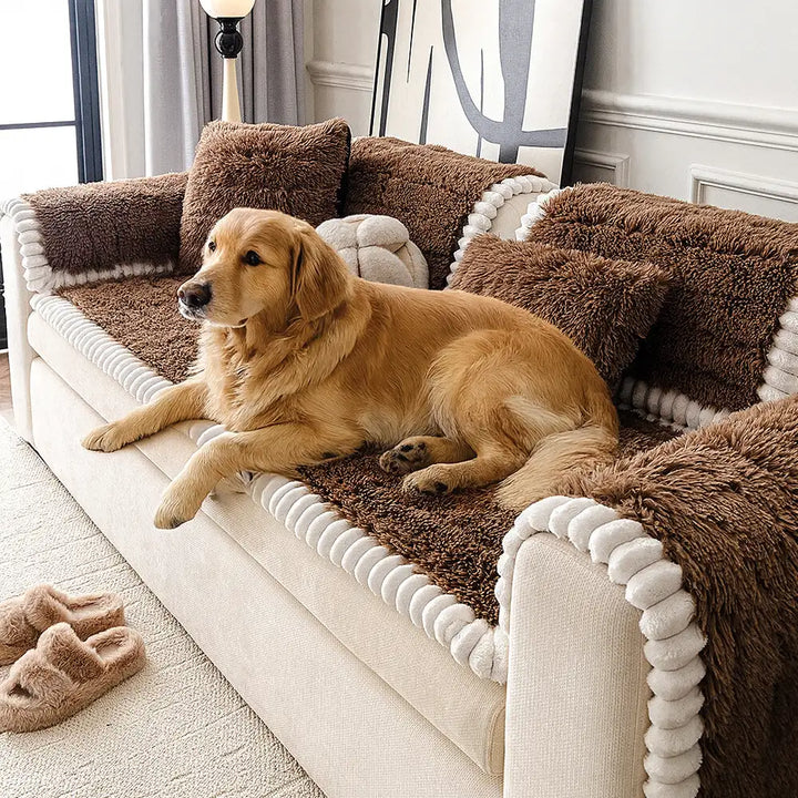 Luxurious fluffy plush sofa cover in a neutral tone, providing soft furniture protection for a living room.