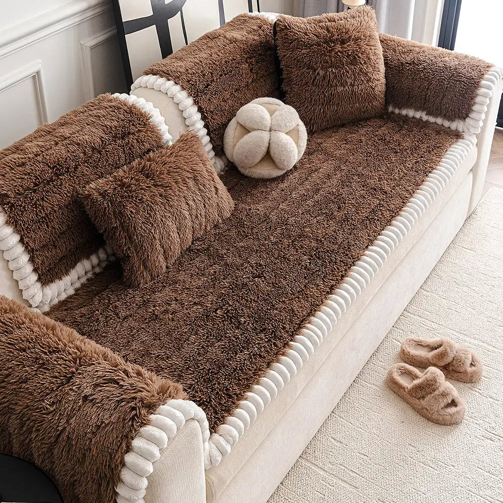 Fluffy plush sofa cover designed for easy installation, ensuring a secure non-slip fit on any couch.