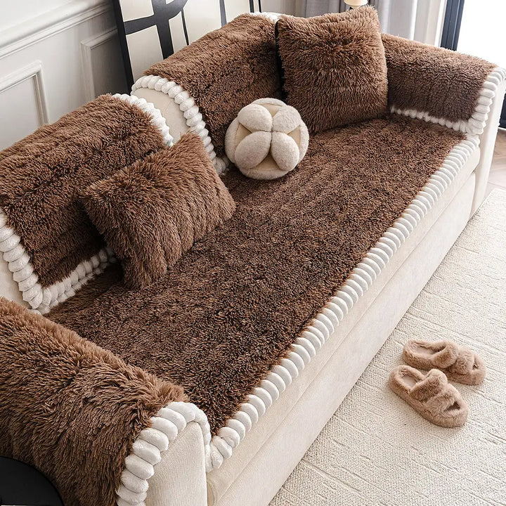 Fluffy plush sofa cover designed for easy installation, ensuring a secure non-slip fit on any couch.
