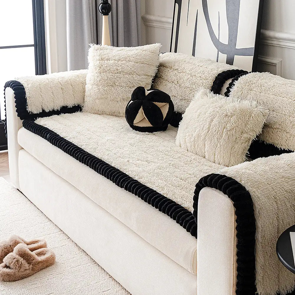 Cozy non-slip couch protector, a fluffy plush furniture cover designed for ultimate comfort and style.
