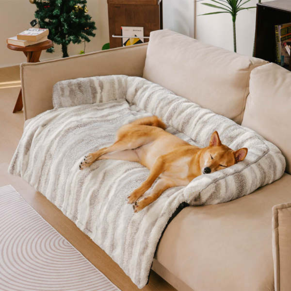 Close-up of soft, durable Nordic plush sofa cover dog mat, ideal for pets, in a modern home setting