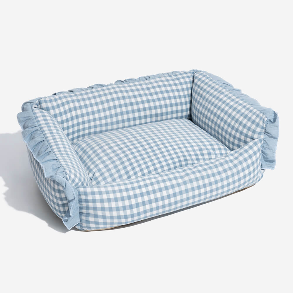 Comfortable and washable pet bed, plaid pattern with ruffle, perfect for dogs and cats