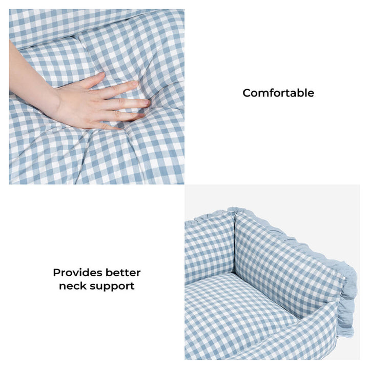 Comfortable dog bed with a chic plaid pattern and decorative ruffle detailing
