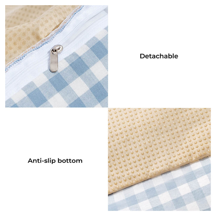 Cozy pet bed, plaid and ruffled, designed for both dogs and cats to relax in style