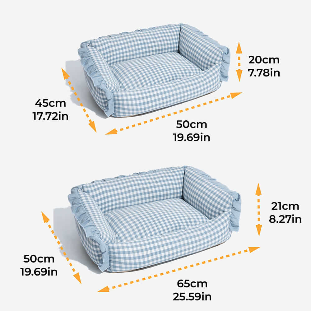 Unisex plaid pet bed, ruffled for luxury, providing a comfortable space for pets