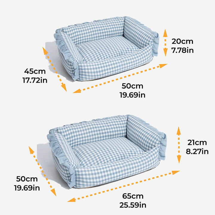 Unisex plaid pet bed, ruffled for luxury, providing a comfortable space for pets