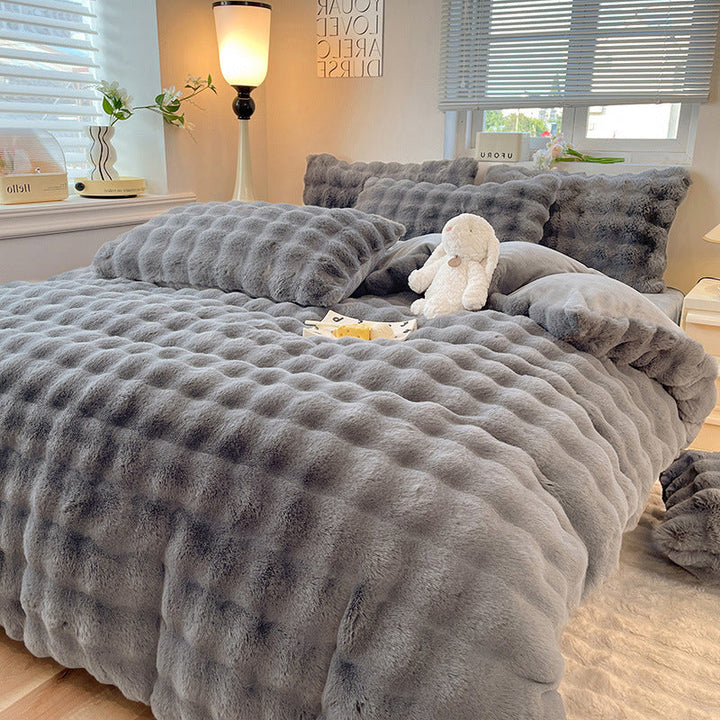 Luxurious plush faux rabbit fur duvet cover set, cozy & warm bedding.
