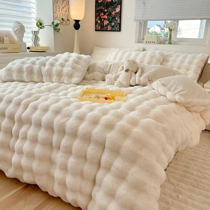Super soft faux rabbit fur duvet cover and sheet set, ultimate coziness.